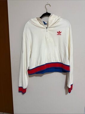 adidas Cream Cropped Hoodie with Red & Blue Trim